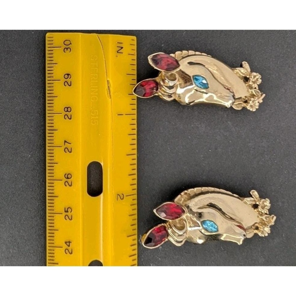 Coro Duette Horse Head Brooch Dress Clips Gold Tone Ruby Red Blue1940s Rare - Picture 14 of 14